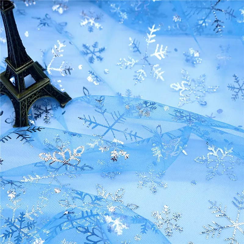 Width1.55 m Blue Snowflake Sequin Fabric Organza Diy Party Decor Princess Dress Winter Wonderland Decorations Christmas Supplies