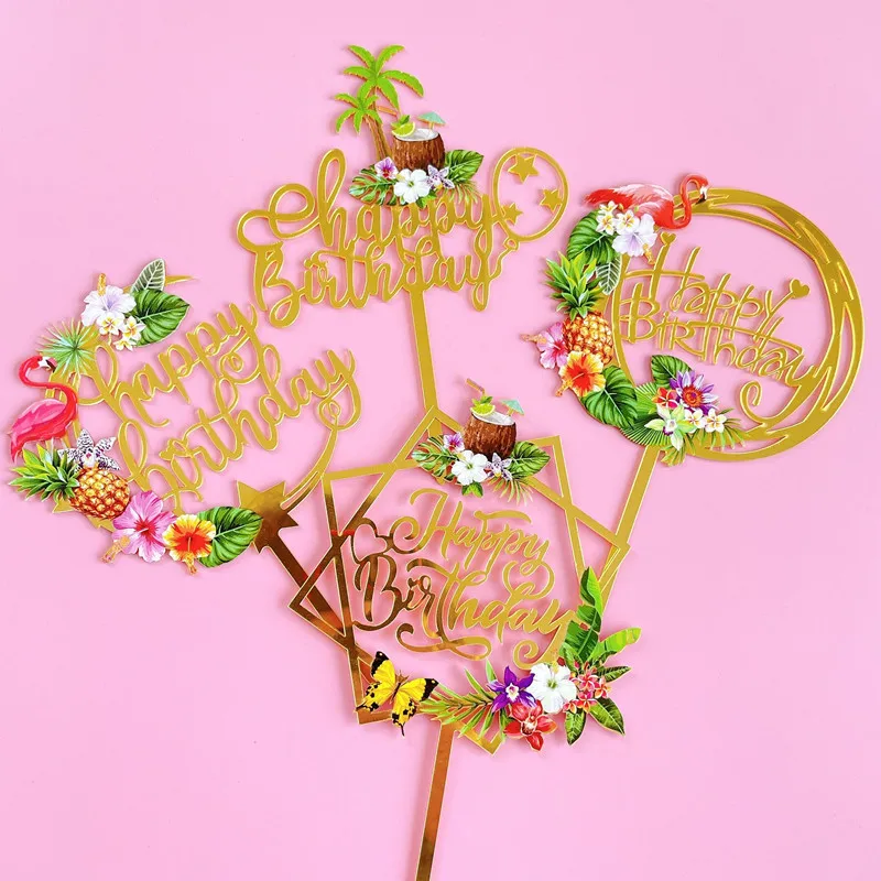 Ins Acrylic Color Printing Summer Birthday Cake Topper Coconut Tree Flamingo Cake Toppers for Kid Birthday Party Cake Decoration