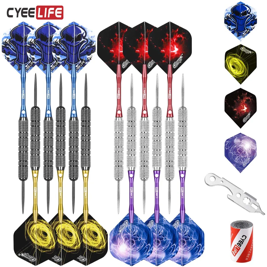 CyeeLife 12Packs Steel tip darts with 4 colors Aluminium Shafts+Tool+16 Flights+Sharpener,House Darts set