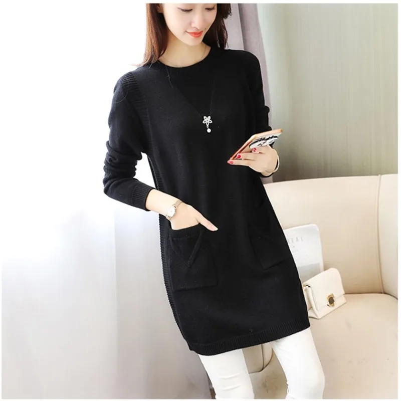 Solid Long Sweater Women Clothing 2024 New Korean Pocket Knit Sweater Dress Casual Warm Loose O neck Long sleeve Ladies Pullover