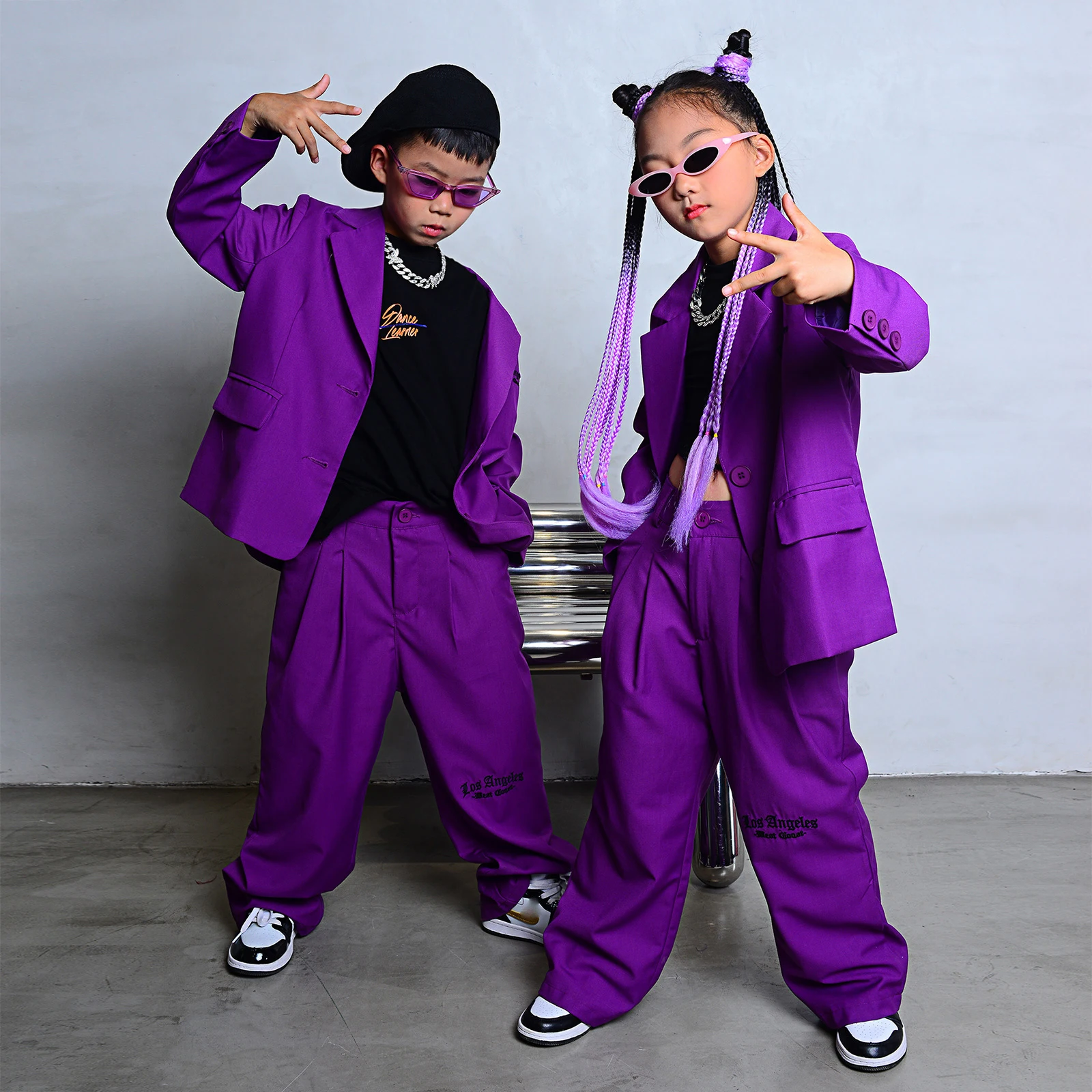 

2022 Jazz Dance Costumes For Kids Children Purple Hiphop Suit Modern Dance Costumes Boys Girls Hip Hop Dancing Clothes DQS8339