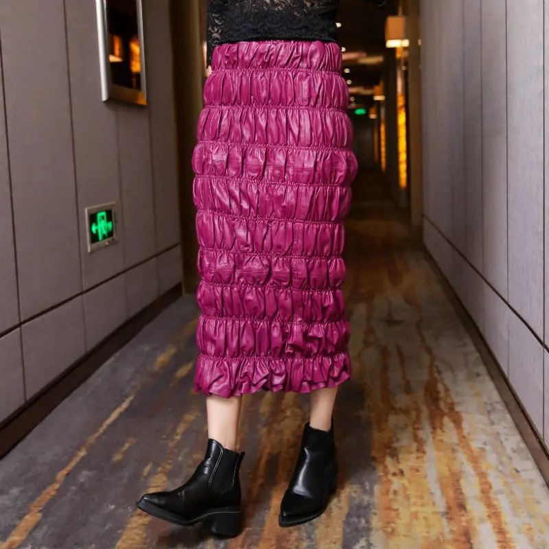 Streetwear Women Wrap Mid-Calf Skirts Slim Purple Sheepskin Elastic High Waist Skirt Autumn Winter Office Lady Pleated Skirt