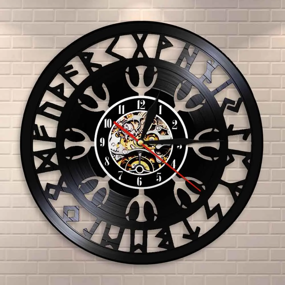 Viking Compass Wall Clock Vintage Black Hanging Vinyl Record Wall Clocks Mysterious Norse Magick Wall Art Decor For Living Room