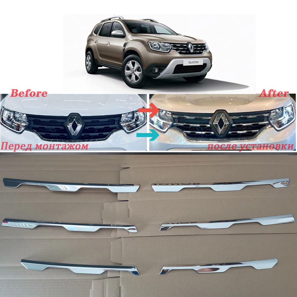 For Renault Duster 2021 Stainless Steel Car Front Engine Bumper Grill Upper Center Grille Cover trim Accessories 6pcs