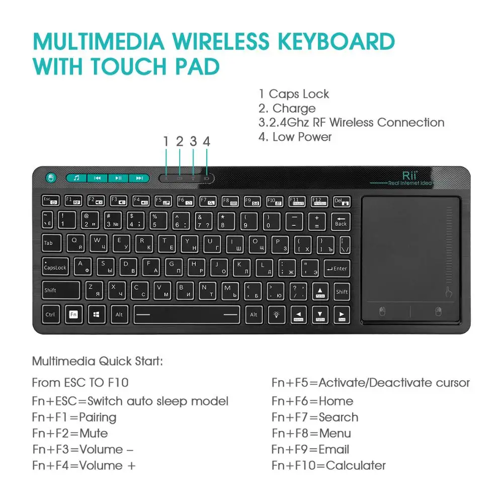 Rii K18+ Wireless Keyboard US/FR/HE Mini Keyboard With Touchscreen 3-LED Color Backlit For For Android TV BOX  Smart TV PC