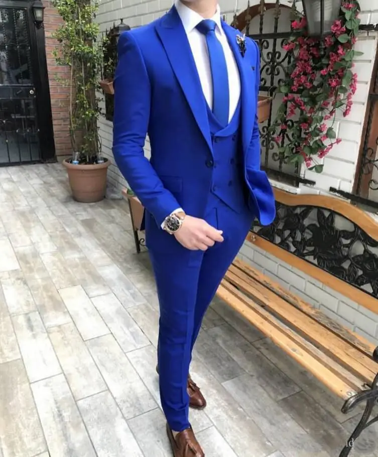 Royal Blue smokingi ślubne moda Groom strój klasyczna dopasowana klapa zamknięta prom Party kolacja męskie garnitury (kurtka + kamizelka + spodnie)