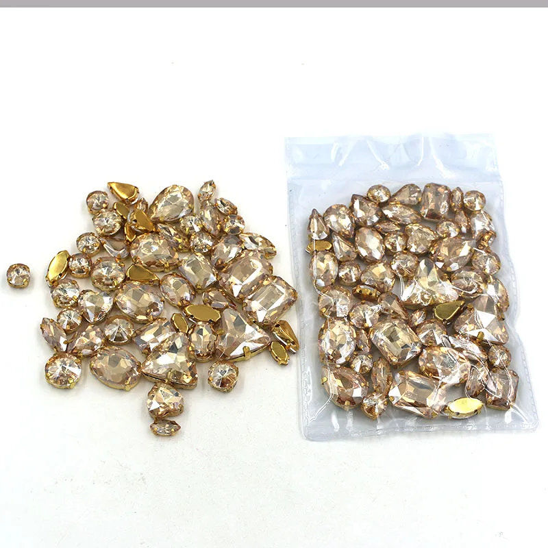 50pcs/bag Clothing accessories mixed shape Champagne glass crystal sewing rhinestones with gold base for dress/garment/shoes