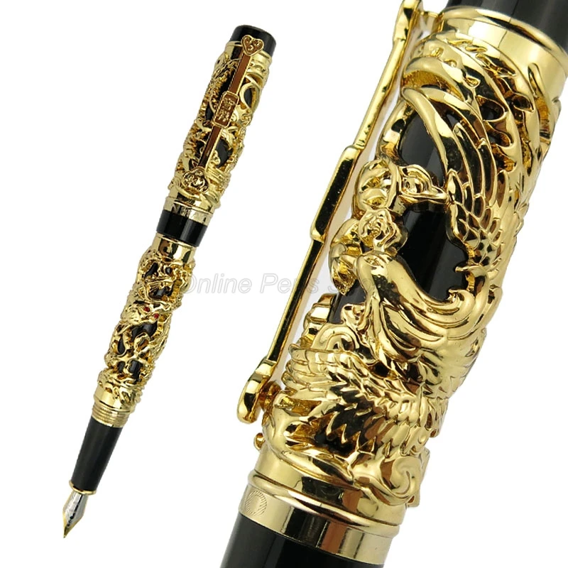 Jinhao Exquisite Dragon Phoenix Fountain Pen, Metal Carving Embossing Heavy Pen, Golden & Black For Office & School & Home