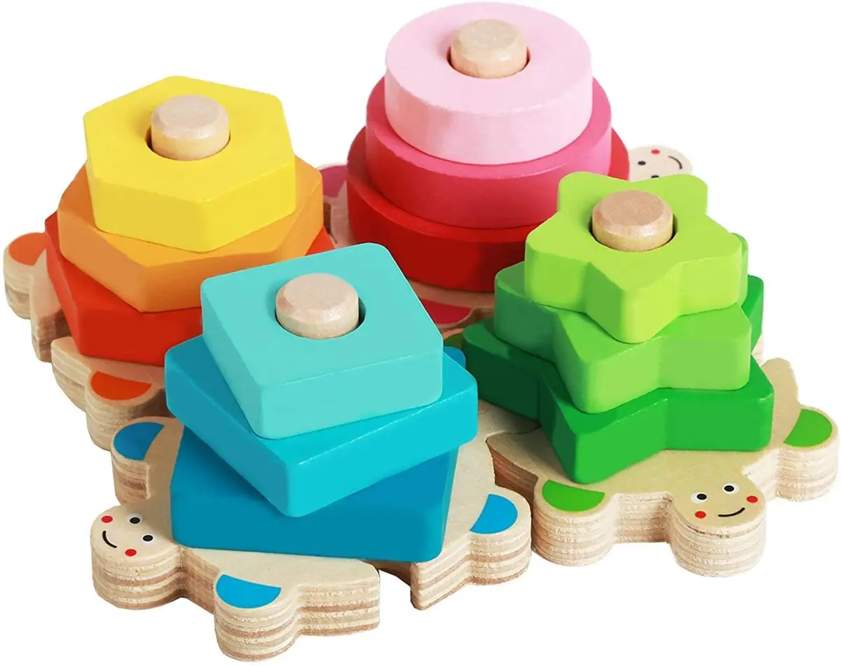 Wooden Sorting & Stacking Toys, Shape Color Recognition Stacker, Educational Puzzle Blocks for Toddlers Boys Girls, Age 1 2 3