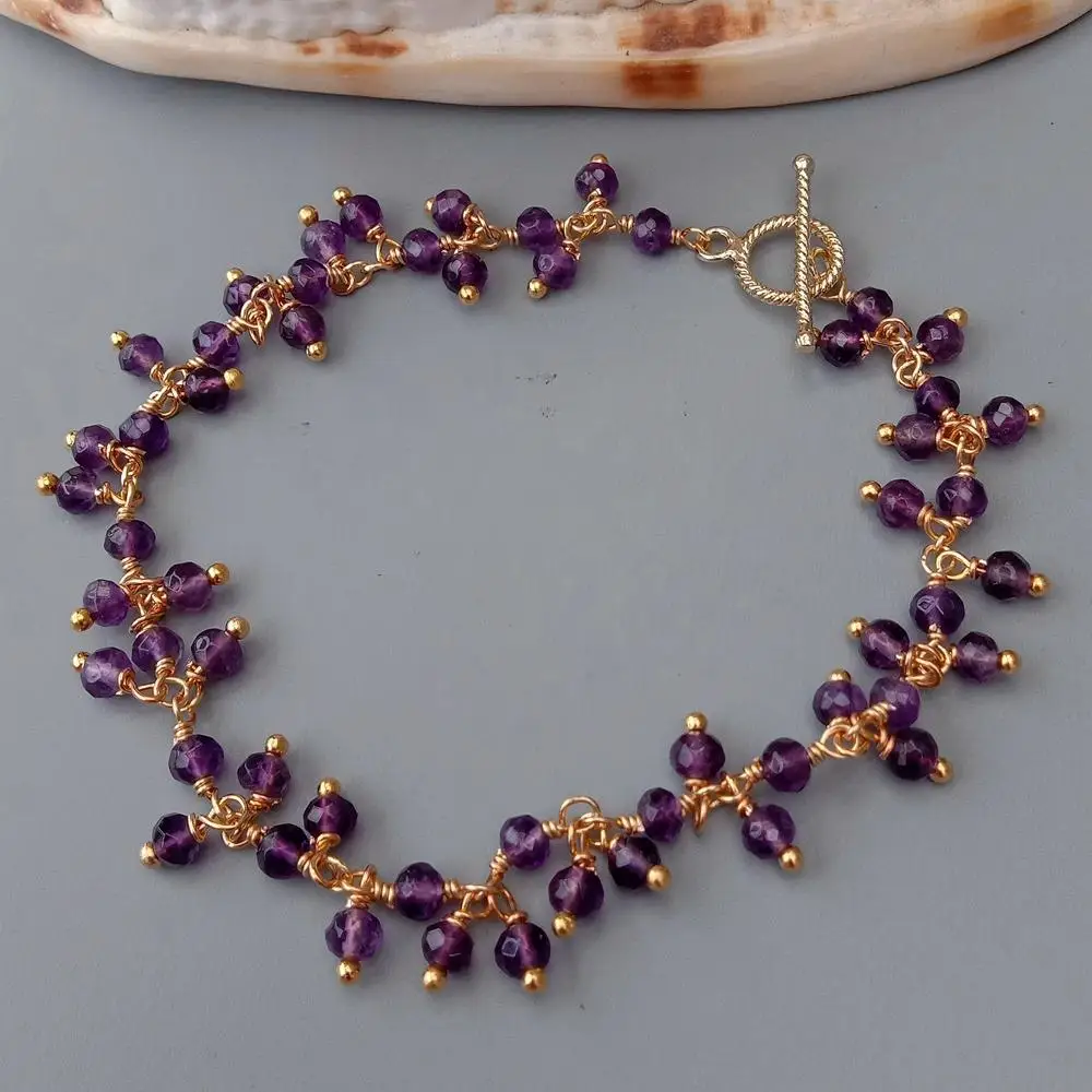 KKGEM Handmade Natural Real  4mm Purple Round Amethyst Faceted Wrap Bracelet Charm Women Wedding Party Gift Fashion Jewelry