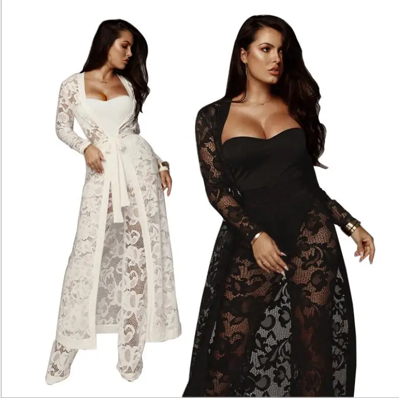 

women's atmosphere sexy autumn lace wide leg pants three-piece casual suit lace sexy pants party wear africa set sleepwear white