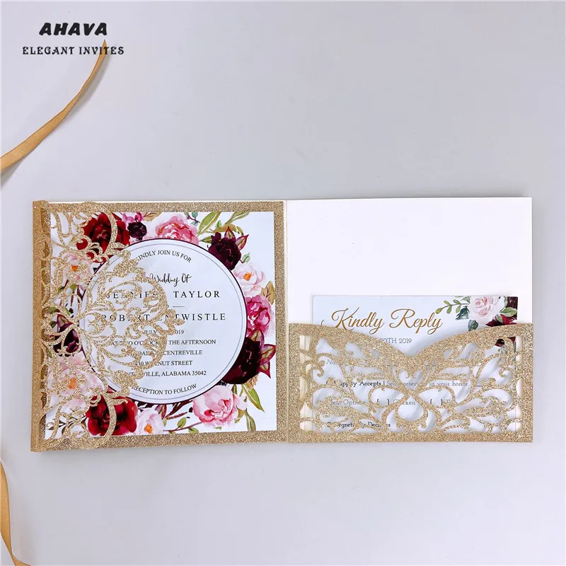 

Free Shipping 50pcs Glitter Rose Gold Laser Cut tri-fold Wedding Invitation Cards Kit Envelope Personalized Pocket Invite RSVP