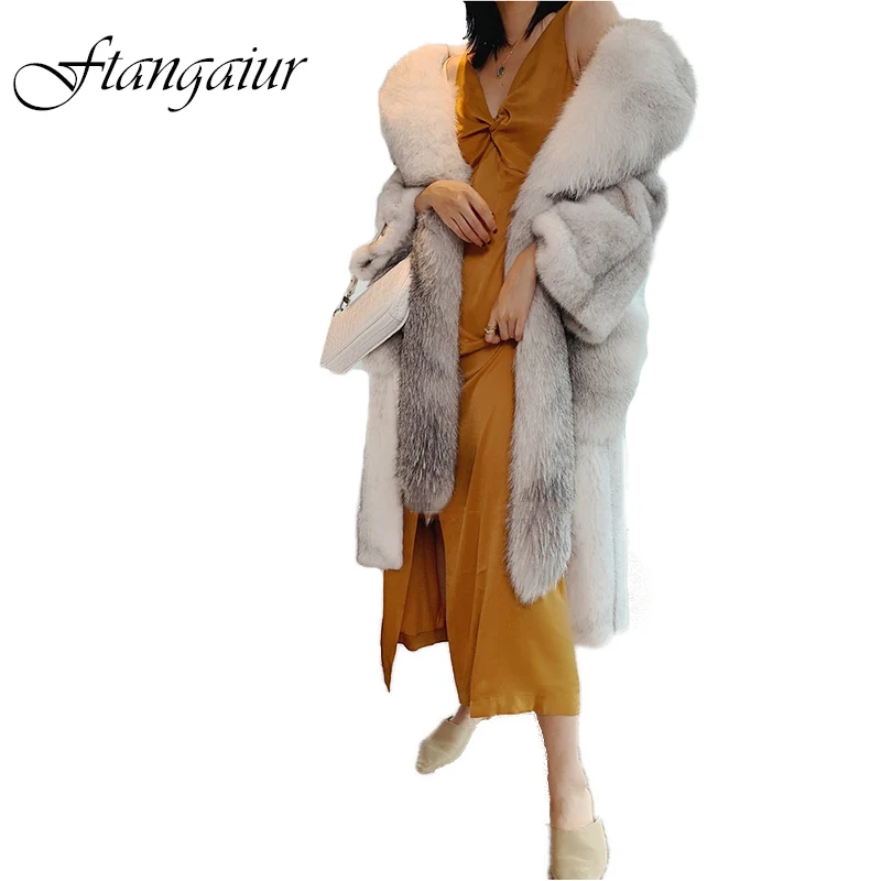 

Ftangaiur Winter Import Cross marten Mink Fur Coat With Fox Fur Collar Natural Fur Coats Women's X-Long Real Mink Fur Coats