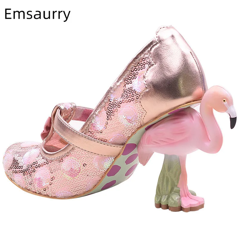 Flamingo High Heel Pumps Women Pink Weding Shoes Bridal Round Toe Slim Shallow Flower Print Bling Sequins Zapatos De Mujer