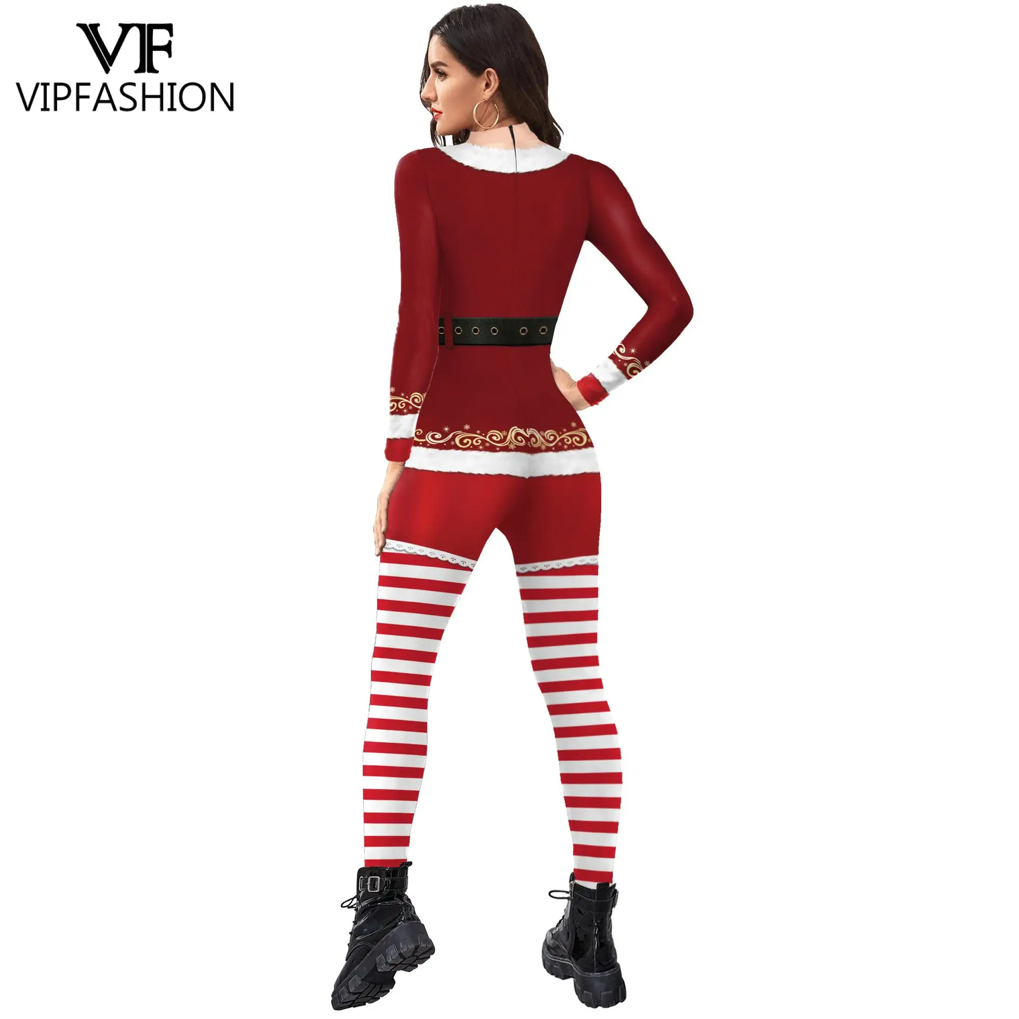 VIP FASHION Christmas Women Cosplay Costumes Funny Dress Legging Print Jumpsuit Sexy Onesie Female Party Outfit Zentai Bodysuit