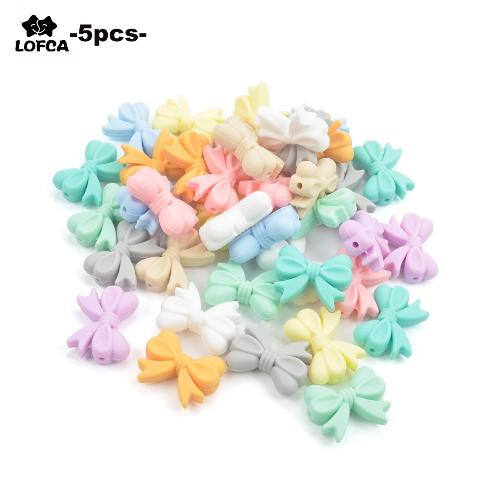 LOFCA 5pcs Bowknot Silicone Beads DIY Food Grade Silicone Teething Pacifier Cute Shaped Silicone teether Holder Accessories