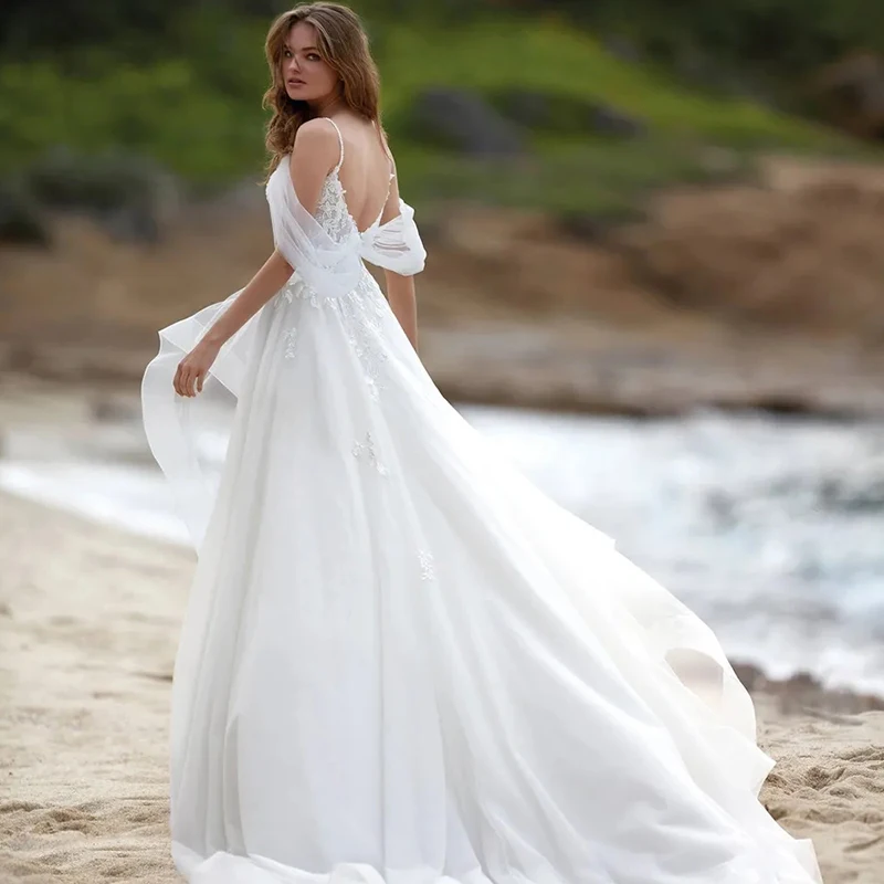 Vestido De novia elegante con tul para mujer, traje De boda Sexy con cuello De barco, lazo De tarjeta, correa De hombro, abertura lateral alta