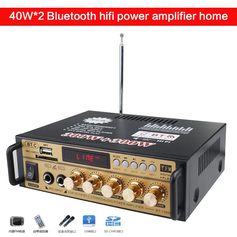 

40W*2 Household High-power Amplifier 220V Mini Small Bluetooth Hifi Amplifier Lossless 12V Card USB Radio Amplifier 4-16Ohm