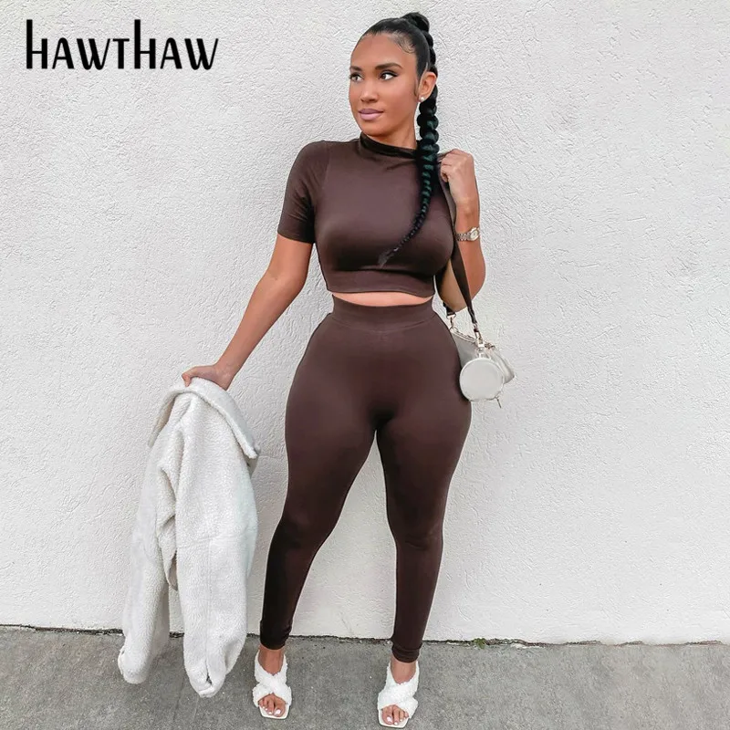 Hawthaw Women Summer Short Sleeve Crop Tops Long Pants Sweatpants Sportswear Tracksuit Two Pieces Set 2021 Female Clothing