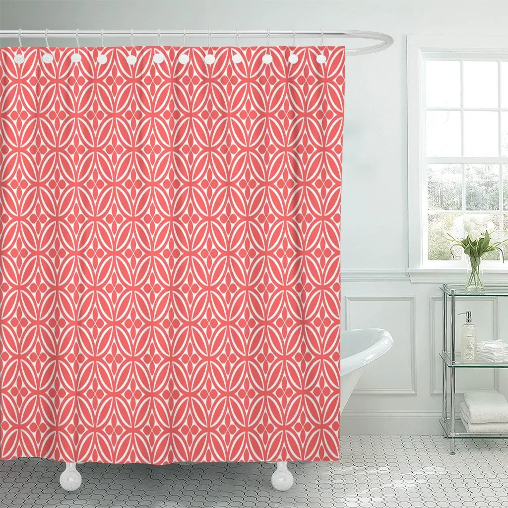 Abstract Oriental Pattern of Flower in Chinese Coins Red Shower Curtain Waterproof Polyester Fabric 60 x 72 Inches Set with Hook