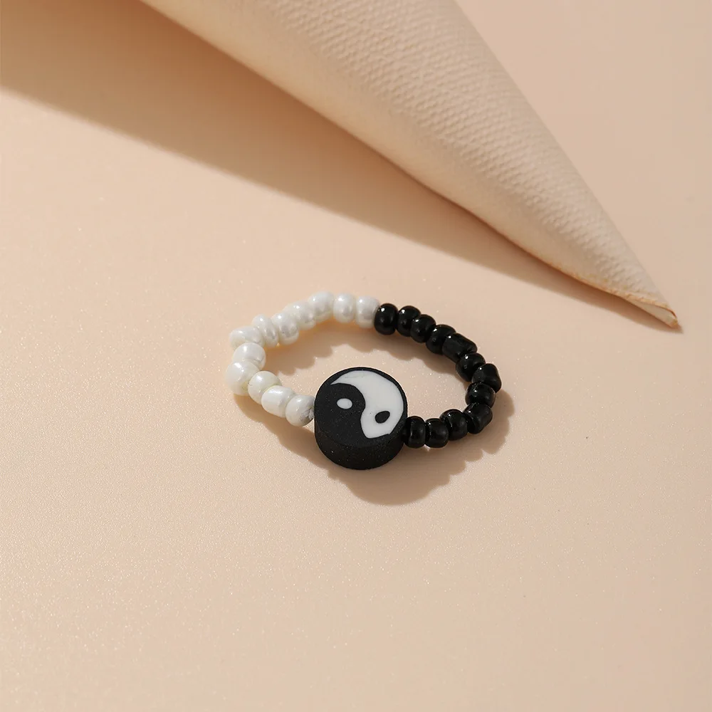 Yin Yang Resin Pearl Colorful Black White Tai Chi Color Contrast Bead Ring For Women Trendy Jewelry Personality Gift 2022 NEW