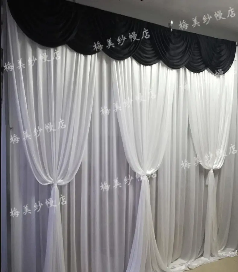 Stage Backdrop Curtain 3m Hx 3m W Hot Sale White Silk with Black swag drapes Mesh Curtain Drape Formal Event Wedding Backdrop