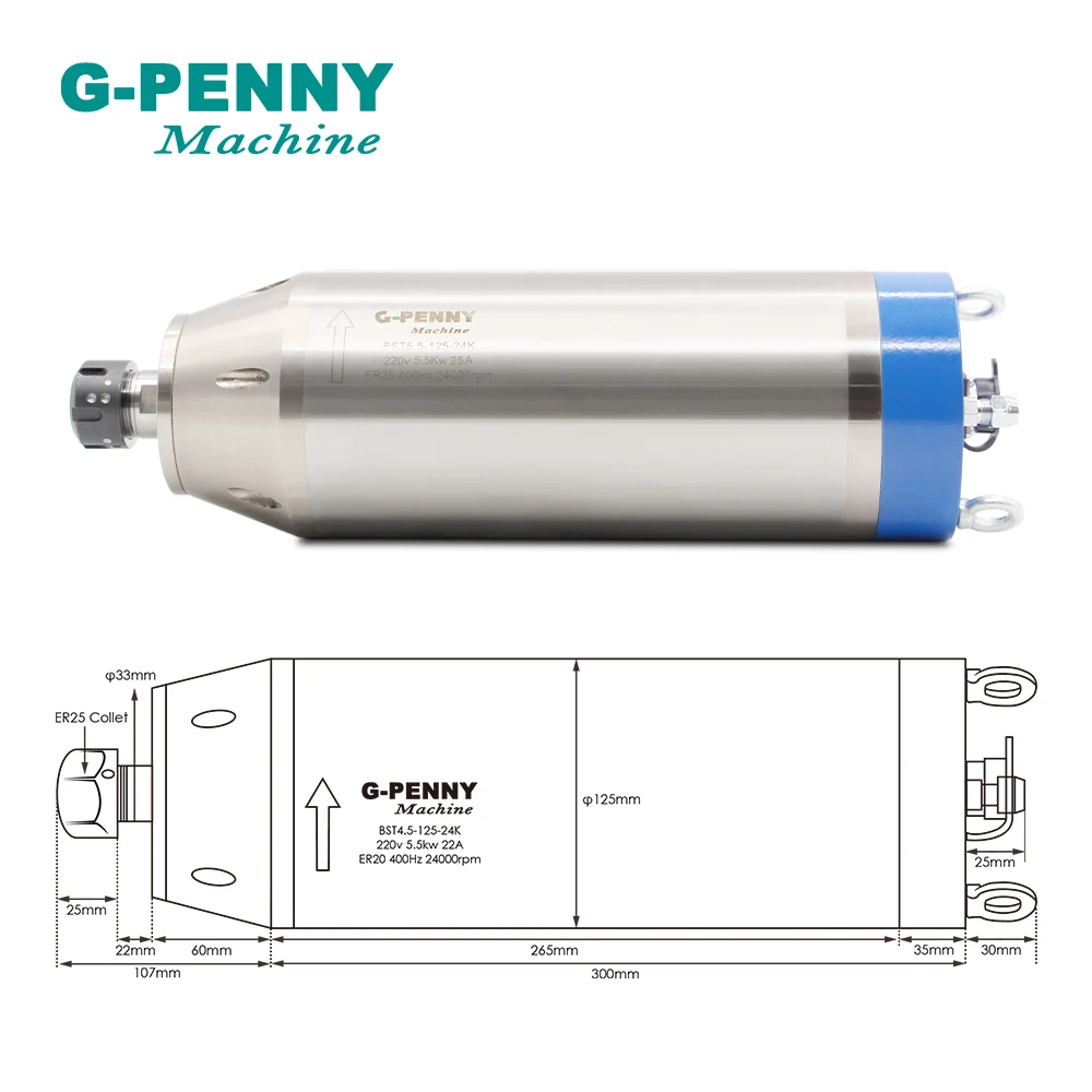 G-penng 5.5KW 380V 220V محرك المغزل المبرد بالماء ER25 المبرد بالماء 125mm المحرك 4pcs محامل السيراميك!