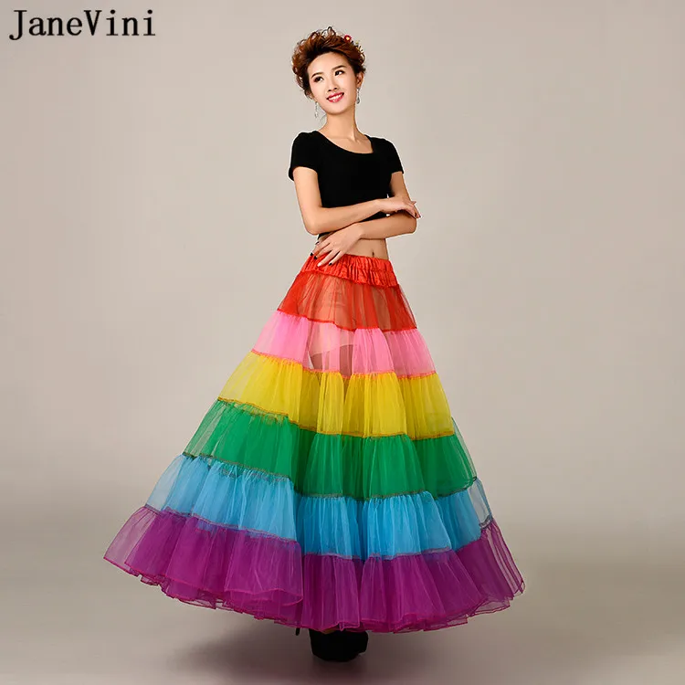 JaneVini 2021 Rainbow Patchwork Tulle Petticoat สายเจ้าสาวงานแต่งงาน Petticoats Underskirts Dance Party กระโปรง Tutu Robe Jupon