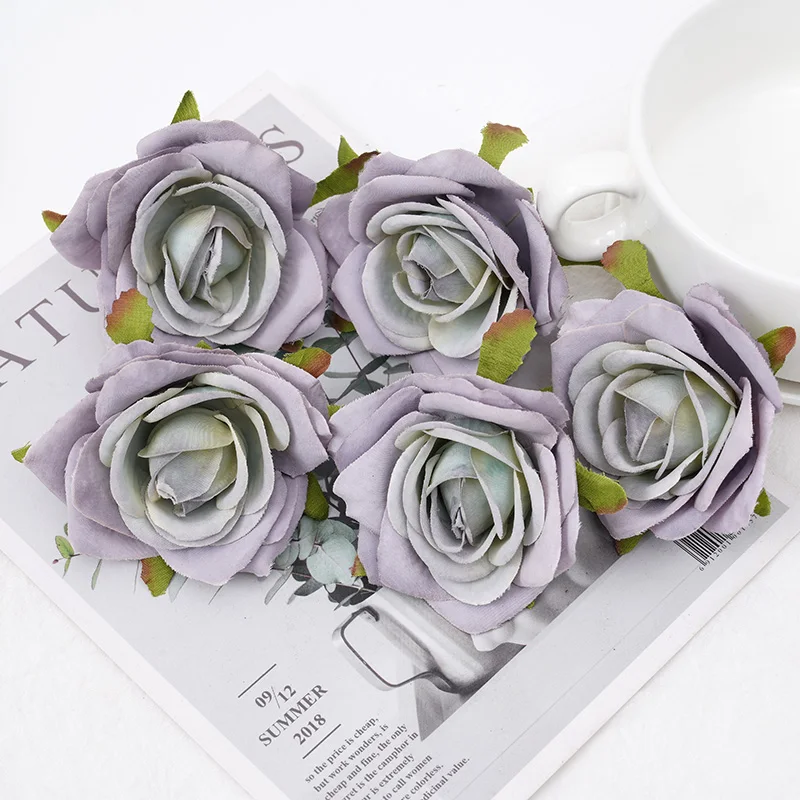 5pcs White Roses Silk Artificial Flowers Heads for Wedding Home Cake Birthday Party Decoration Fake Scrapbook Wreath Accessories