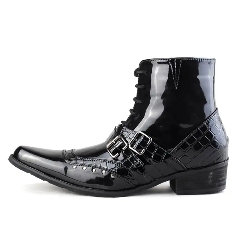 British Luxury Mens Black Ankle Boots Pointed Toe Trending Patent Leather Chains Charm Party Show Shoes Stage Leisure Zapatos