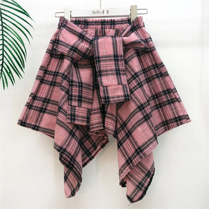 TOTRUST Fashion College Asymmetrical Skirt Women Summer Plaid Skirt Women Casual Students Fake Shirt Mini Skirt Female Saia