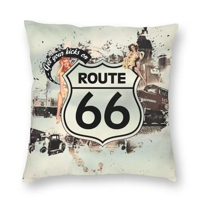 Route 66 Motorcycle Vintage Usa Legend Square Throw Pillow Cover Home Decor 3D Two Side Printing Highway Cushion Cover for Car