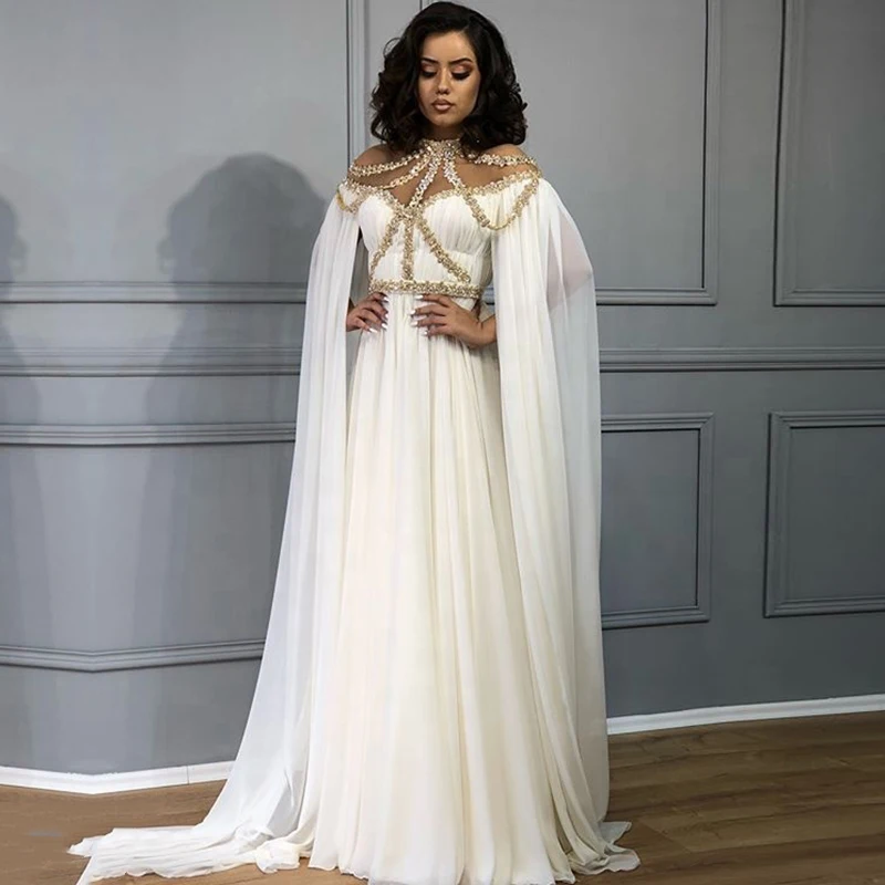 White and Gold Evening Dresses High Neck Beaded Customized Arabic Dubai Long Cape Chiffon Middle East Women Prom Dresses Party