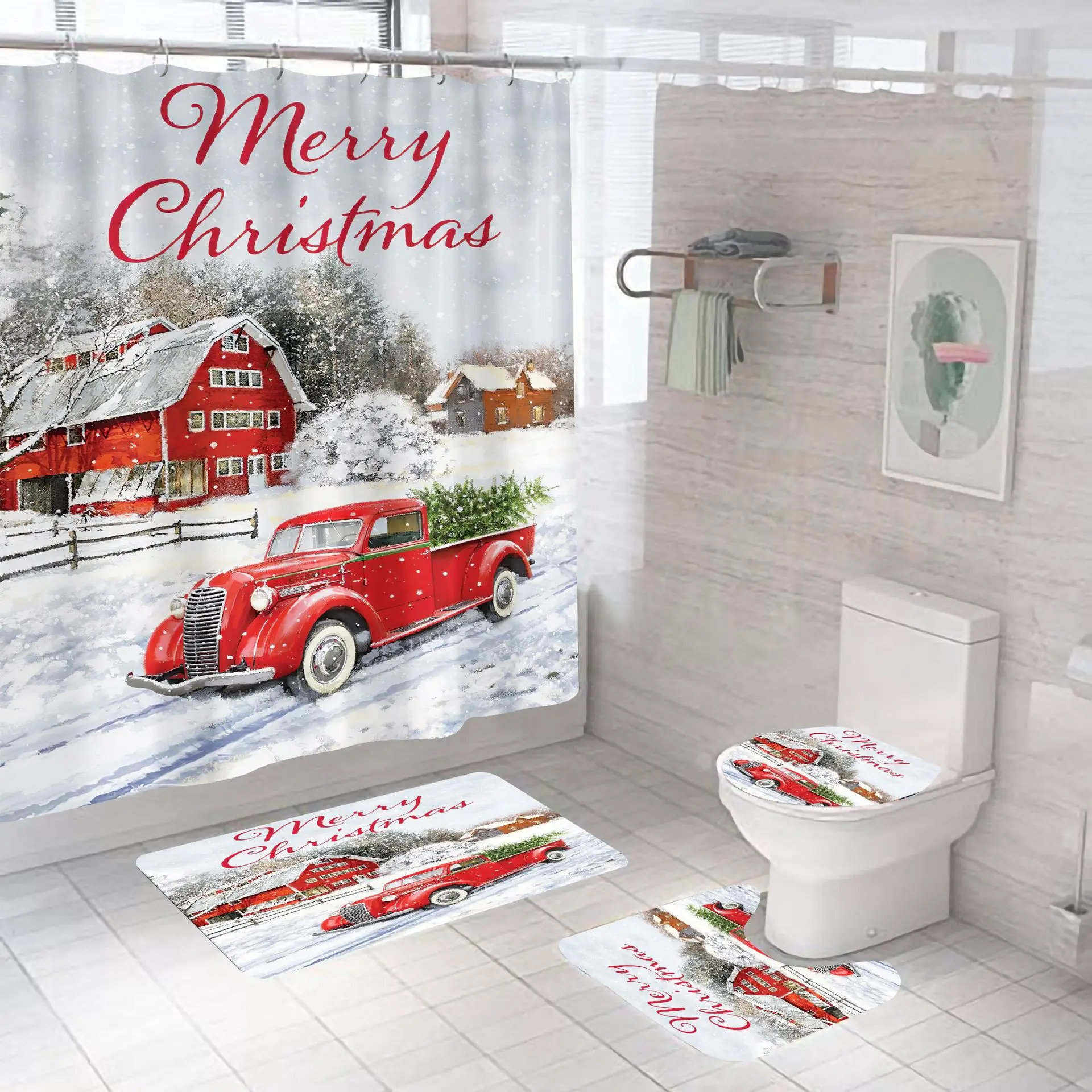 Vintage Red Pickup Truck Christmas Shower Curtain Waterproof Fabric Bathtub Curtains and Non-slip Bath Mat Bathroom Decoration