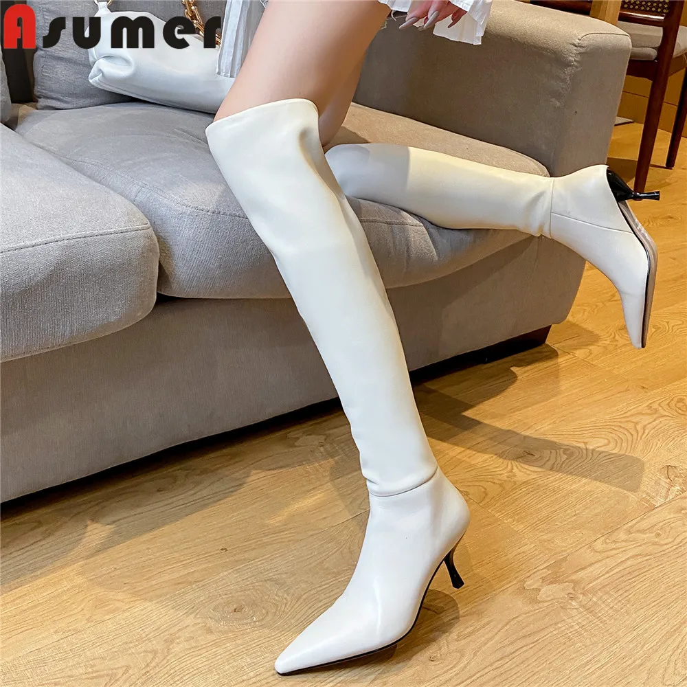 

ASUMER Size 34-43 New Genuine Leather Boots Women Sexy Thin Heels Party Knee High Boots Autumn Winter Shoes Slip On Lady Botas