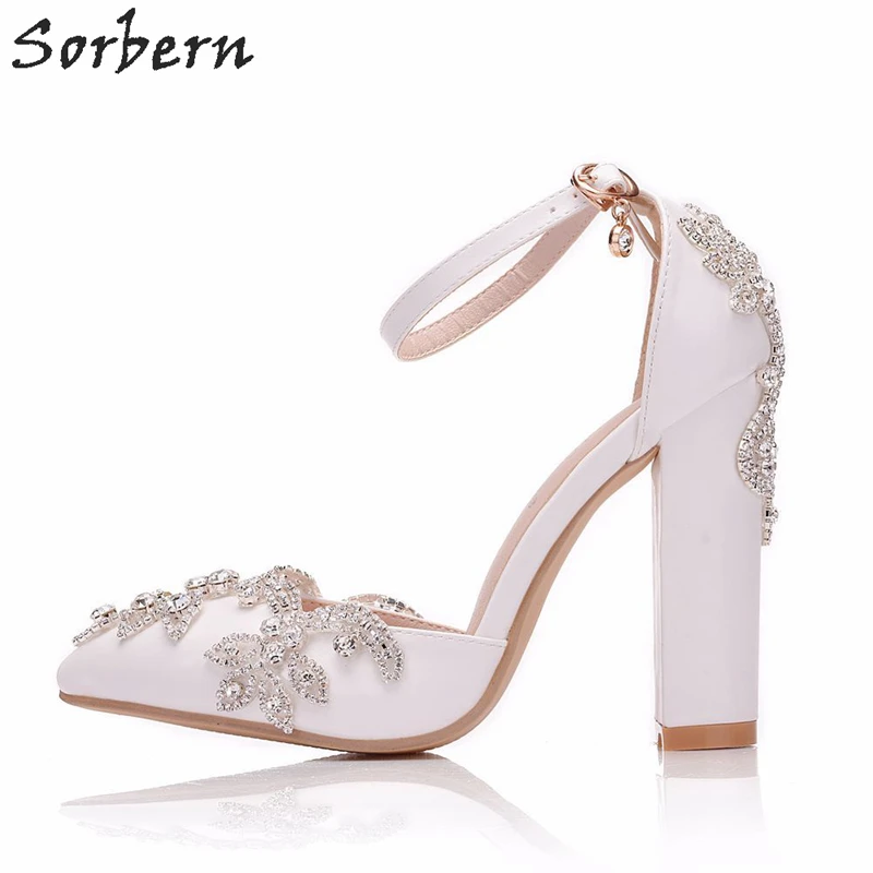 Sorbern-zapatos de tacón alto con cristales para mujer, calzado con punta puntiaguda y correa en el tobillo, tacones de dos piezas con diamantes de imitación, para novias