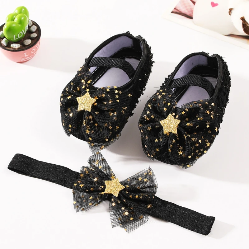 Newborn Baby Girls Shoes + Headband Set Net Yarn Bowknot Star Princess Shoe Toddler Soft Sole Walking Cotton First Walkers