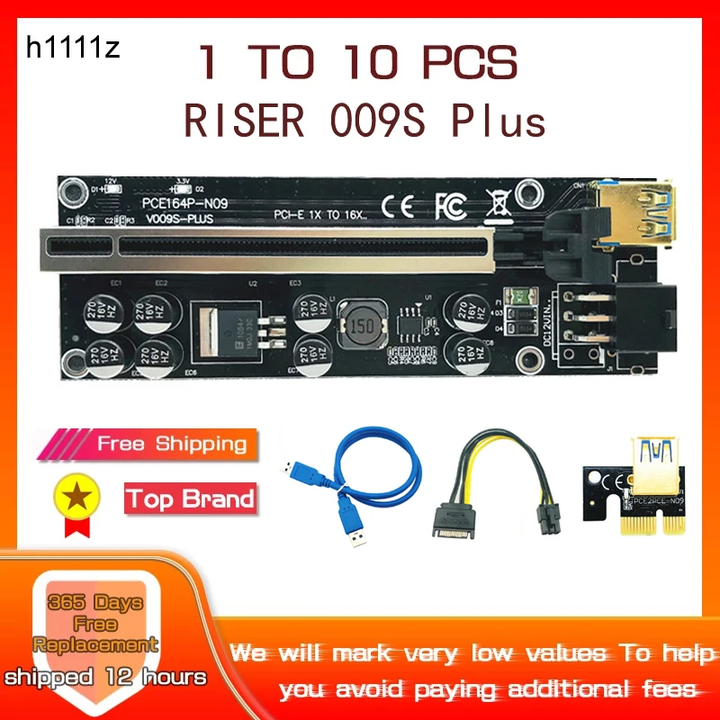 

1-10 шт. PCIE Riser 009S Plus PCI Express X1 к X16 расширитель USB 3,0 кабель SATA к 6Pin питание для видеокарты Майнер биткоинов