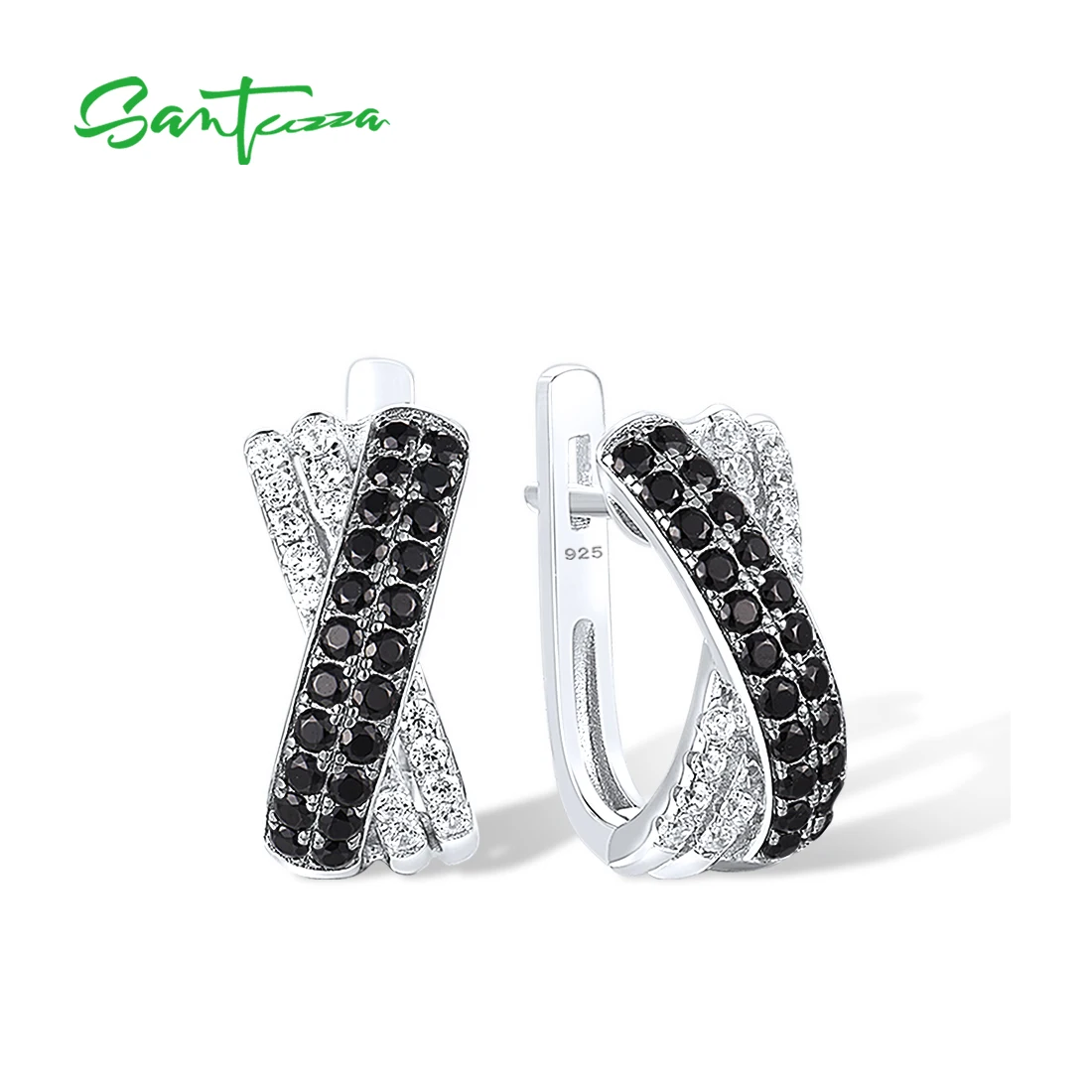 SANTUZZA Silver Earrings For Women 925 Sterling Silver Sparkling Black Spinel White Cubic Zirconia brincos Trendy Fine Jewelry