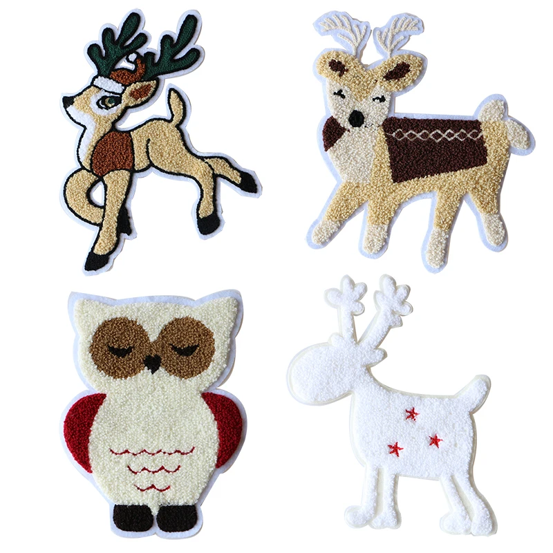 Cartoon Decorative Reindeer Owl Chenille Icon Towel Embroidered Applique Patches For DIY Iron on Badges Stickers on the Backpack