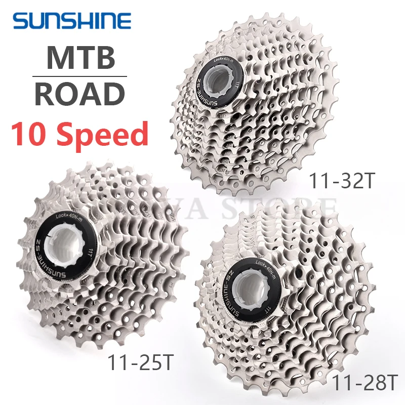 SUNSHINE 10V MTB 11-25/28/32/36/40/42/46/50T 10s Cassette KMC X10 Road Bike Chain Shimano HG54 116 Links for 10 Speed Bicycle