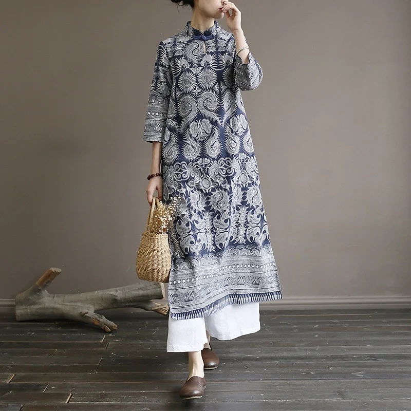 

Spring and Summer New Women's Dress Retro Disc Button Batik Style Blue and White Porcelain Zen Loose Dress