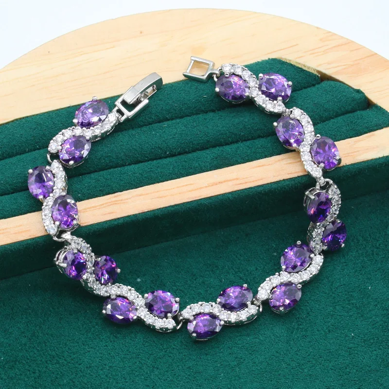 Classic Purple Topaz 925 Silver Jewelry Set for Women Wedding Bracelet Long Earrings Ring Necklace Pendant  Gift