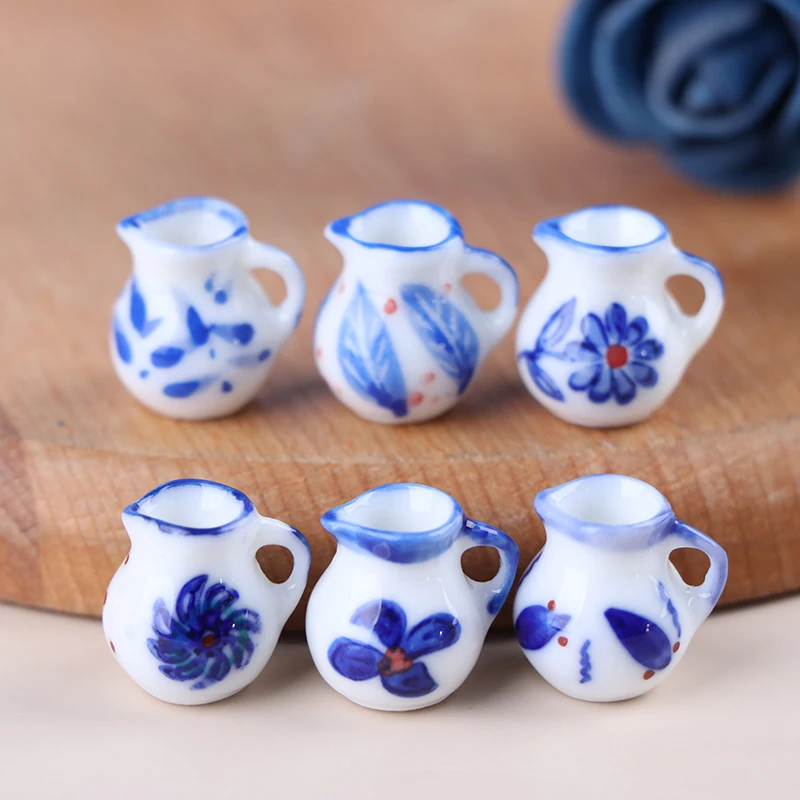 6pcs 1/12 Scale Dollhouse Miniature Mini Porcelain Blue Print Milk Pots Teapot Water Cups Set Dolls Room Furniture Decoration