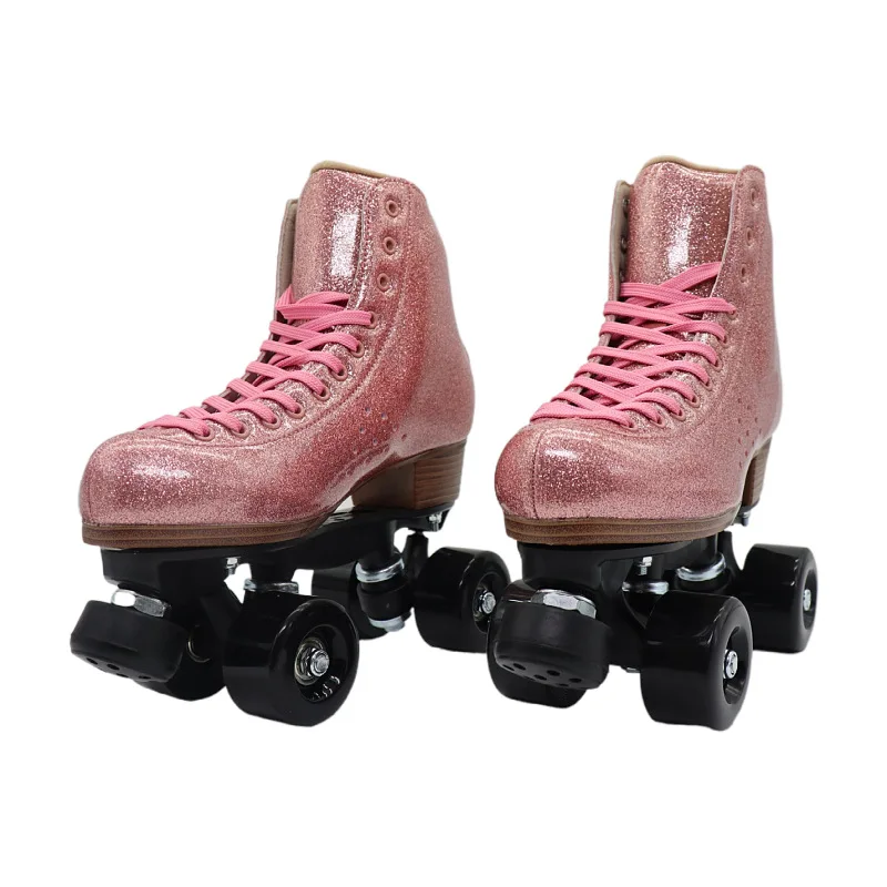 

Womens Double Line Roller Skate Pink Starry Quad Skate Microfiber Sport Patines Performance Skating Boots Adult Sport Gears