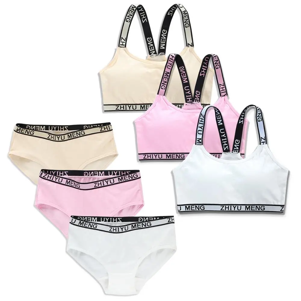 

5Sets/Lot Teen Girls Underwear Set Soft Padded Cotton Letter Print Bra Panty Young Girls Bralette Yoga Sports Running Free Size