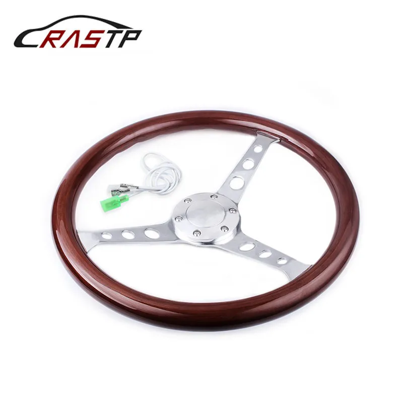 Car modified steering wheel 15 inch wood grain silver brushed spokes steering wheel classic wood grain and horn kit