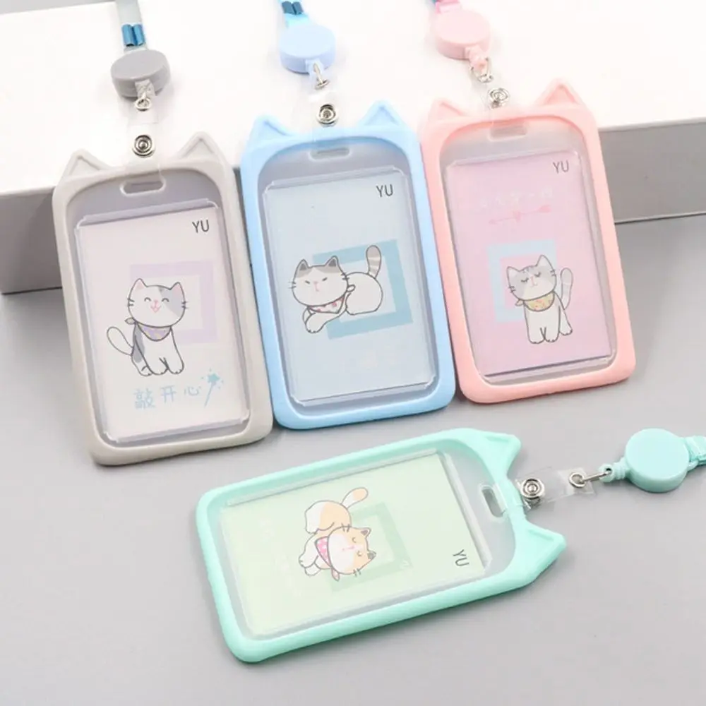 1PC Cartoon Card Holder Cute Cat Bank Identity Bus ID Card Sleeve Case with Retractable Reel Lanyard Credit Cover Kids Gift