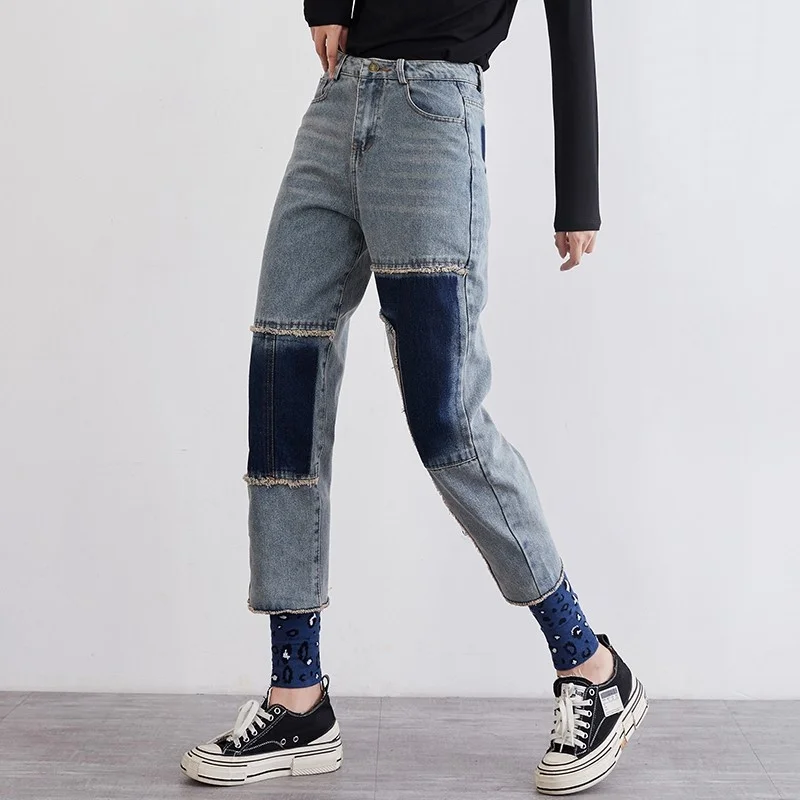 

Vintage Personality Patchwork Leopard Jeans Women Casual High Waist Trousers Harem Pants Fashion Female Loose Fit Denim Pants