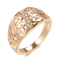 Kinel 2023 Trend 585 Rose Gold Color Micro Wax Inlay Natural Zircon Hollow Flower Ring For Women Vintage Wedding Jewelry
